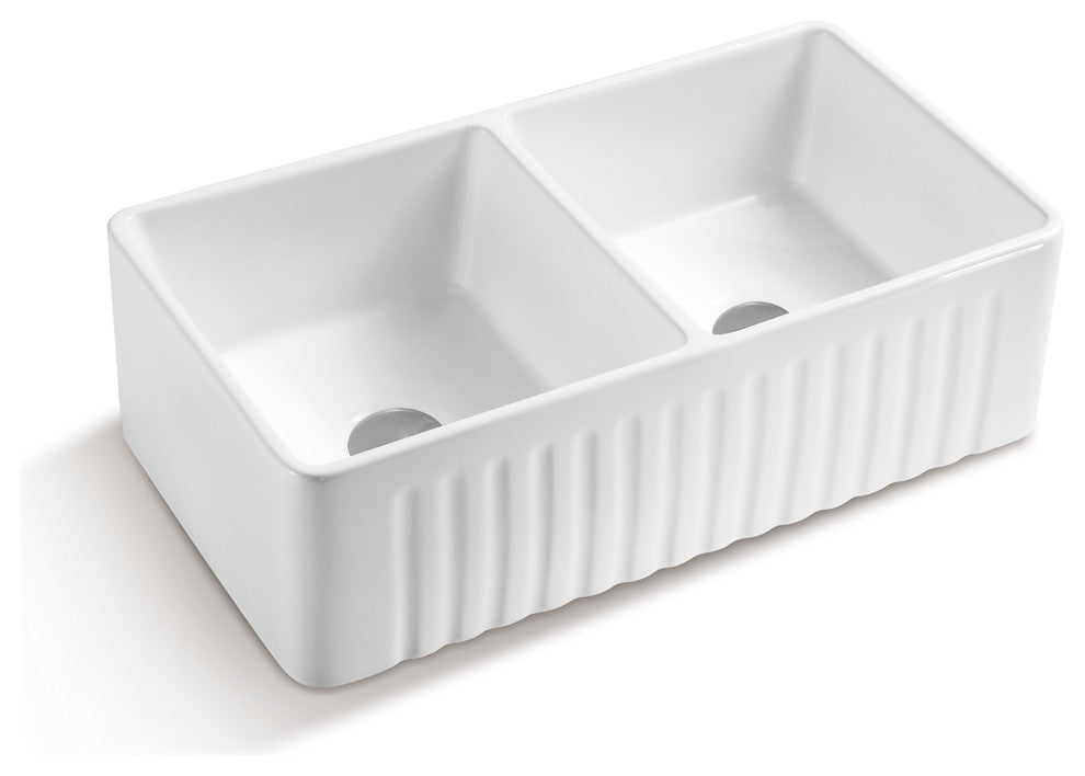 33" White Fireclay Double Basin Farmhouse Kitchen Sink-Reversible Design