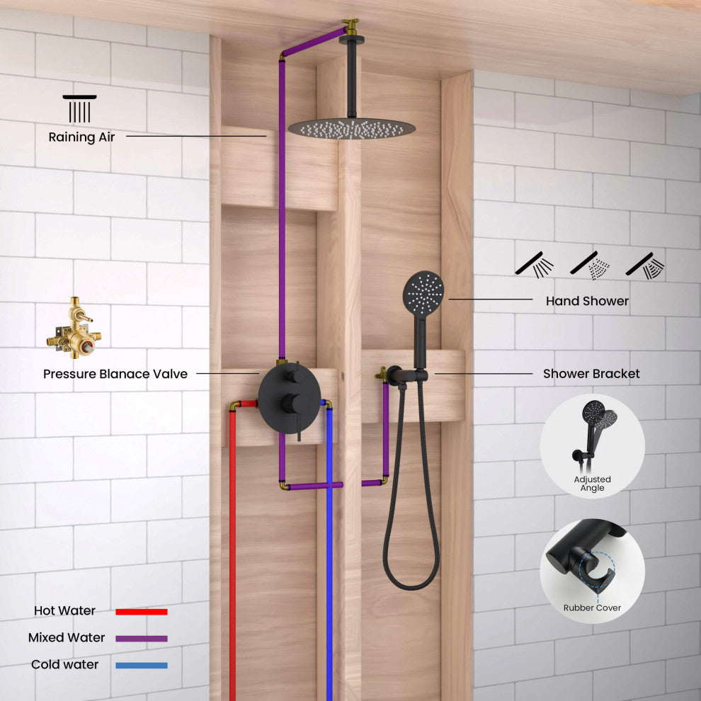 Ceiling Mounted 2-Function Shower System, Rough, Valve, Matte Black