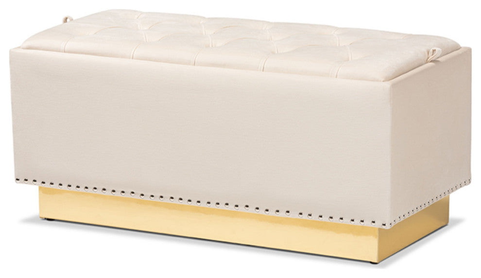 Glam Luxe Beige Velvet Fabric Upholstered and Gold PU Leather Storage Ottoman