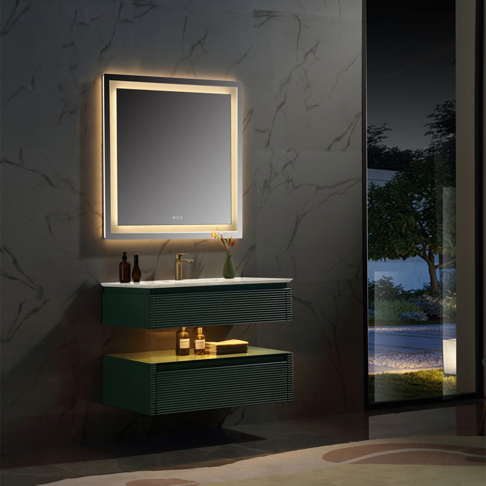 36" Solid Wood Wall-Mounted Bath Vanity Set, Green