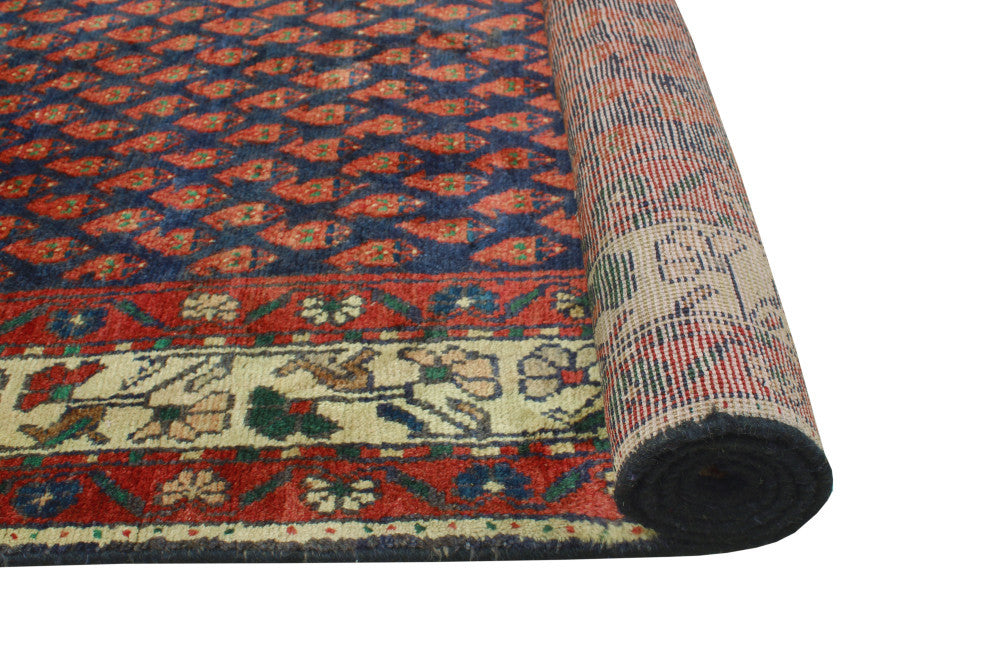 Fine Vintage Distressed Stephani Navy/Burgundy Runner, 3'8 x 8'9