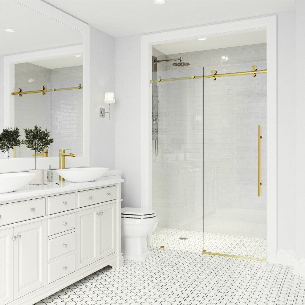 VIGO Elan E-Class 60" to 64" W x 76" H Frameless Sliding Shower Door, Matte Gold, Clear Glass