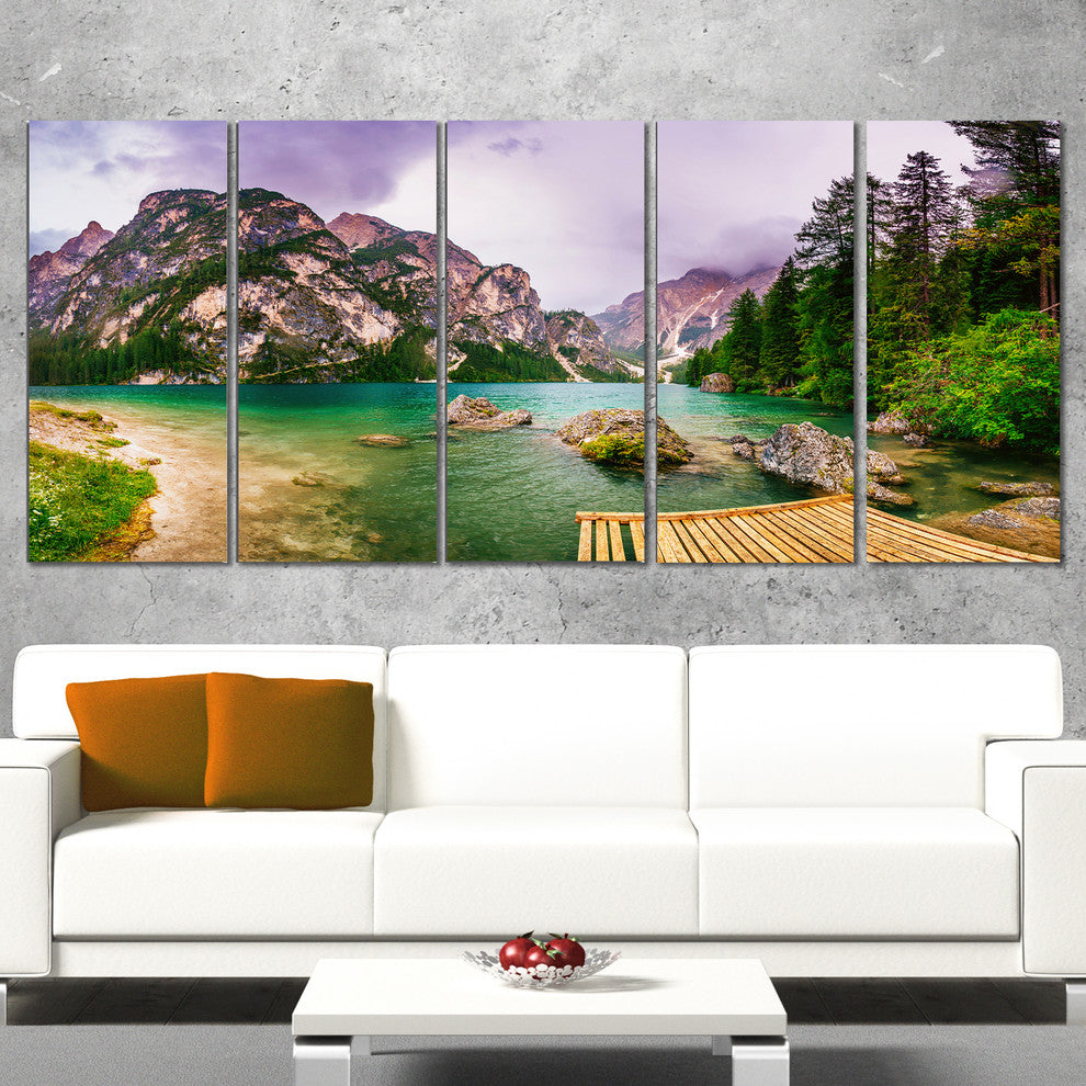 Mountain Lake Between Mountains, Large Landscape Canvas Art, 60"x28", 5 Panels