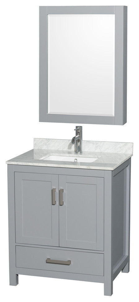Wyndham WCS141430SGYCMUNSMED Vanity + White Carrera Marble Top and Square Sink