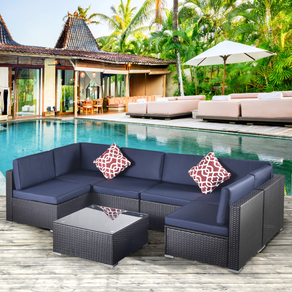 7 Pieces Outdoor Wicker U-Shaped Patio Sectional With Cushions, Dark Blue