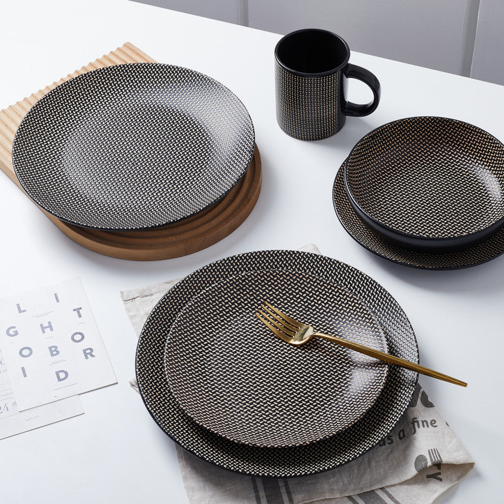 Stone Lain Daisy Stoneware 32 Piece Dinnerware Set, Brown and Black