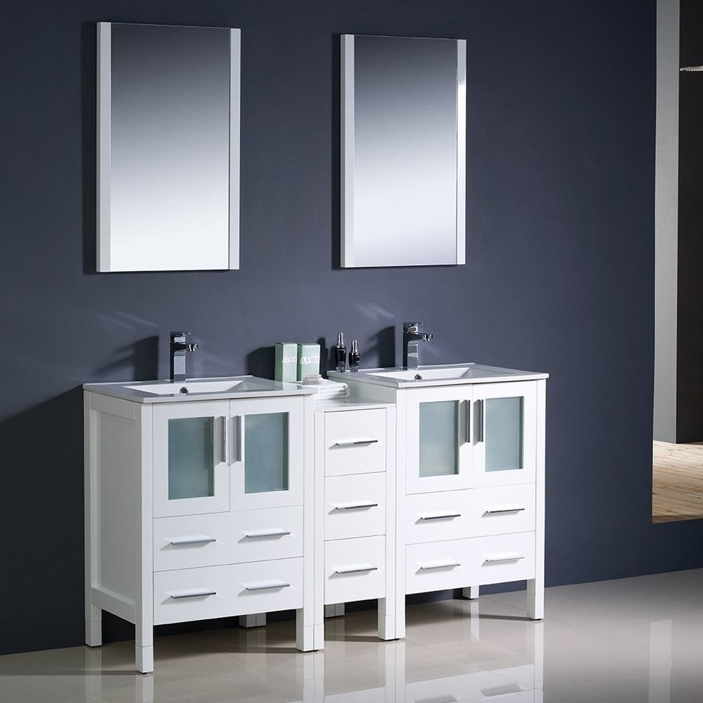 Torino 60" White Modern Double Sink Bathroom Vanity, Faucet FFT1030BN