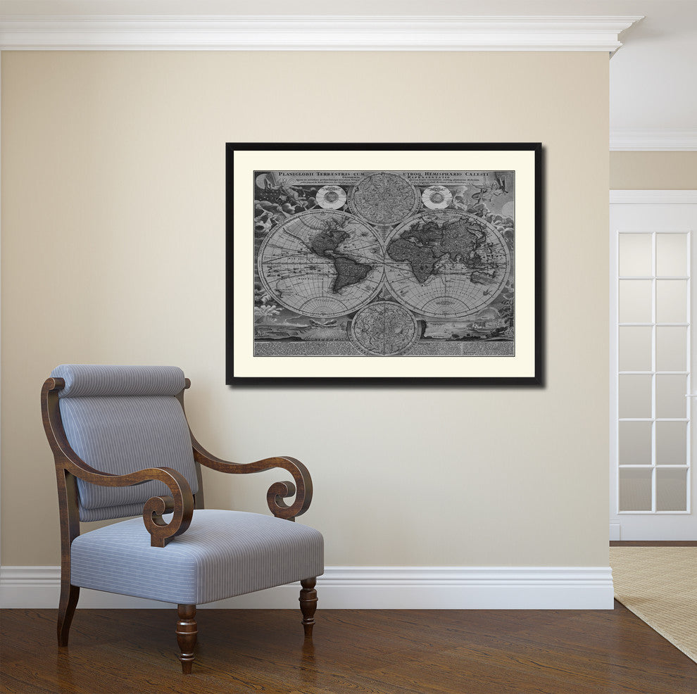 World Vintage Map Print On Canvas With Black Custom Frame, 28" X 37"