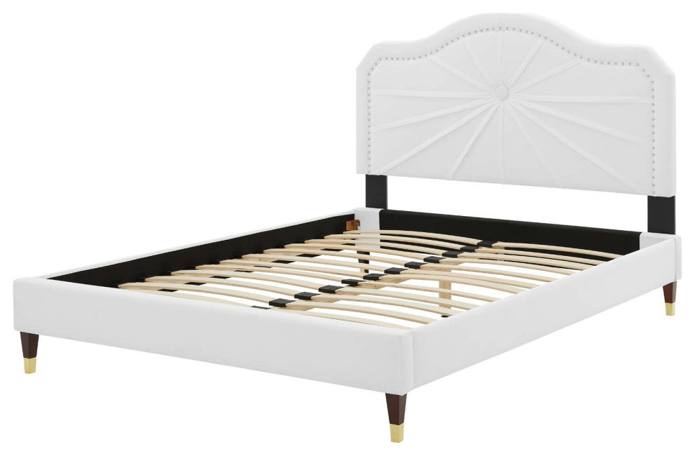 Platform Bed Frame, King Size, Velvet, White, Modern Contemporary, Bedroom