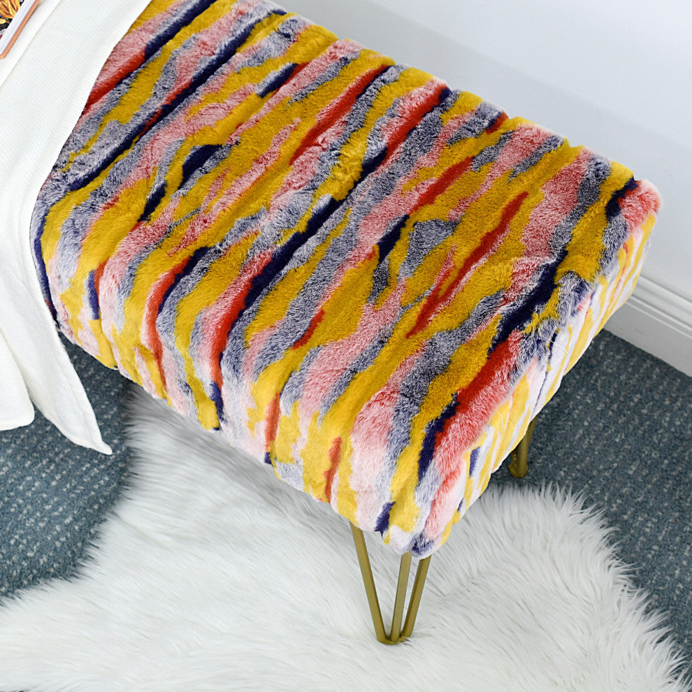 Multi Jacquard Faux Fur Ottoman, Orange, 46"x16"x7"