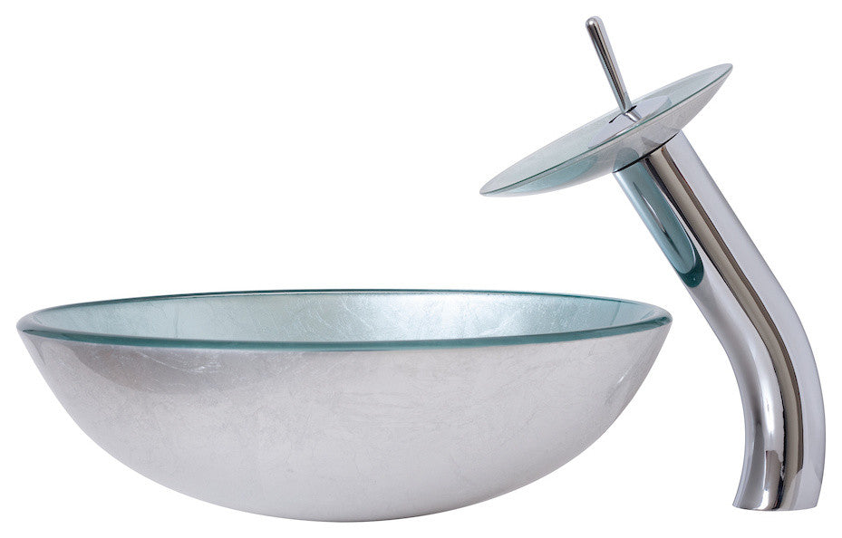 Argento Round Silver Foiled Glass Vessel Bath Sink Combo with Faucet and Drain, Chrome