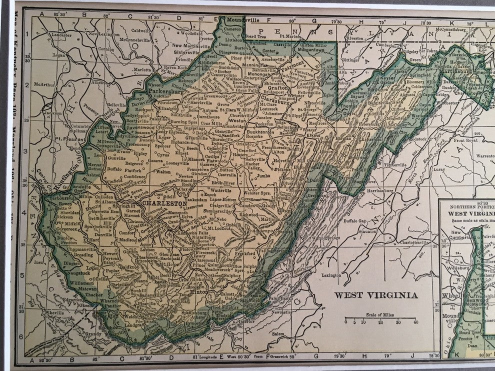 Vintage West Virginia Map, Framed WV State Map - Authentic 1920s