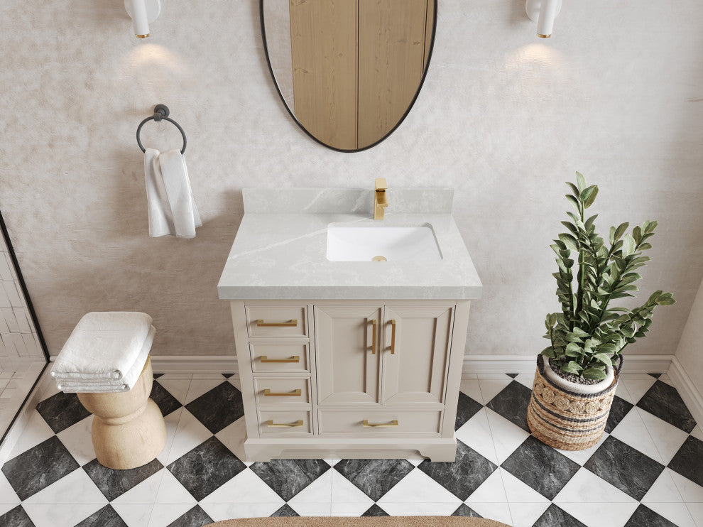 Charlotte 36" Right Offset Bath Vanity in Fine Grain 2" Pearl Gray Quartz