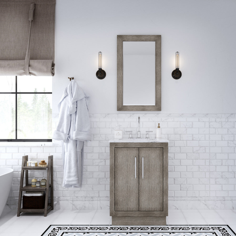 Hugo Carrara White Marble Countertop Vanity in Gray Oak, chrome hardware, 24", Vanity With Gooseneck Faucet