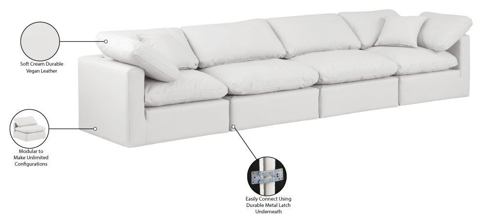 Indulge Upholstered Modular Sofa, Cream, 4-Piece: 2 Armless Chair, 2 Corner Chair, Fiber Stuffed Vegan Leather