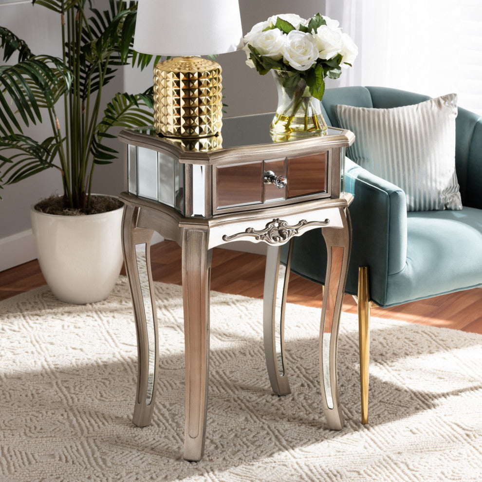 Elgin Brushed Silver Finished Wood and Mirrored Glass 1-Drawer Nightstand