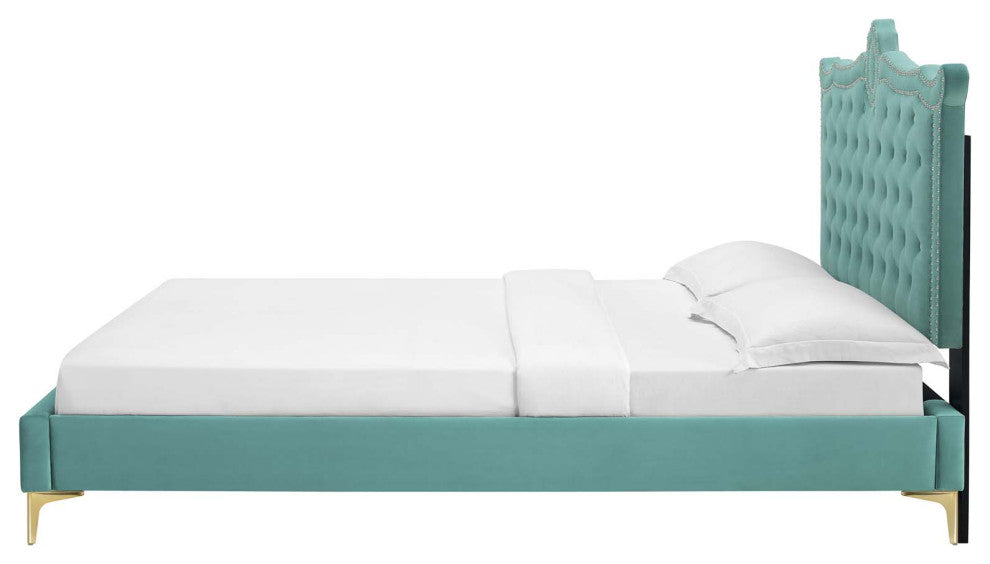 Platform Bed Frame, Nailhead, Queen Size, Blue, Velvet, Modern, Guest Suite