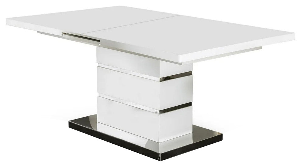 Benzara BM207714 Extendable Dining Table With Metal Base, White and Silver