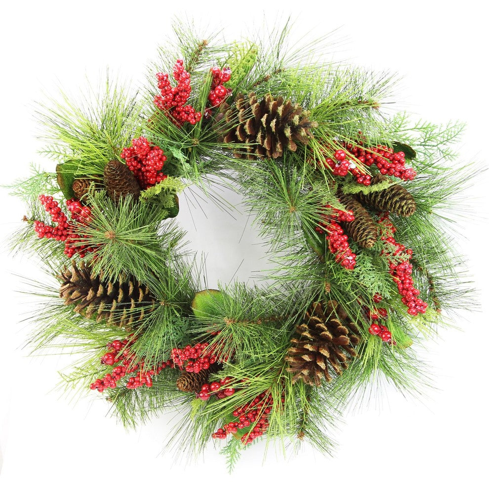 24" Faux Red Berries and Natural Pine Cones Christmas Wreath