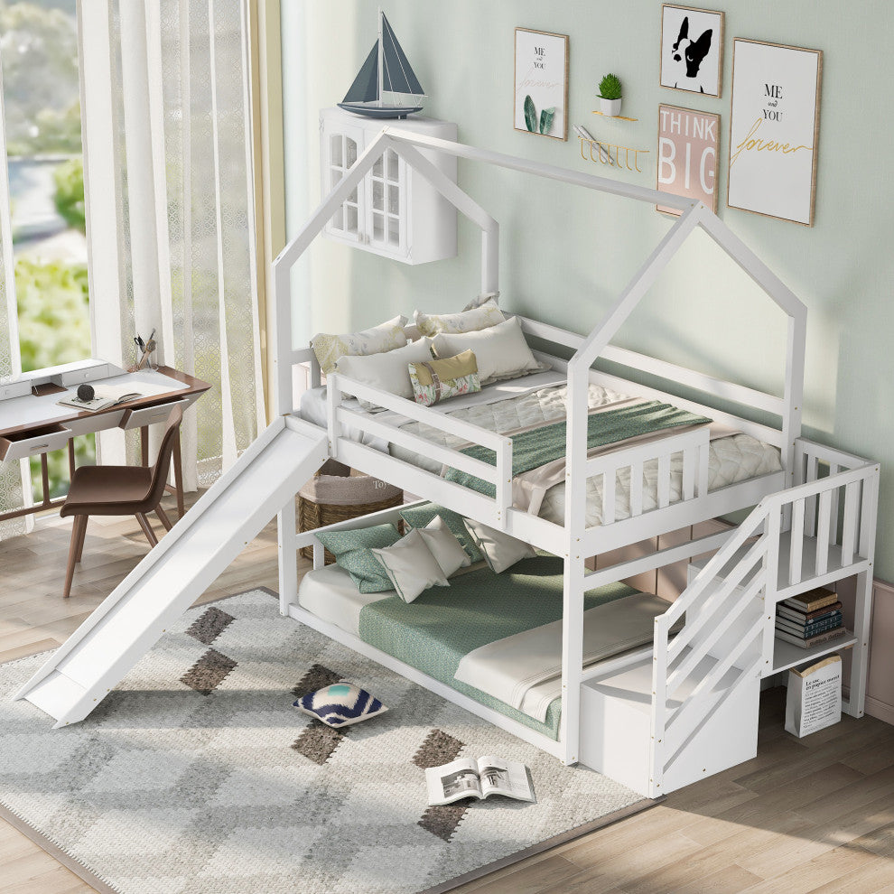 Gewnee Twin over Twin House Bunk Bed with Convertible Slide
