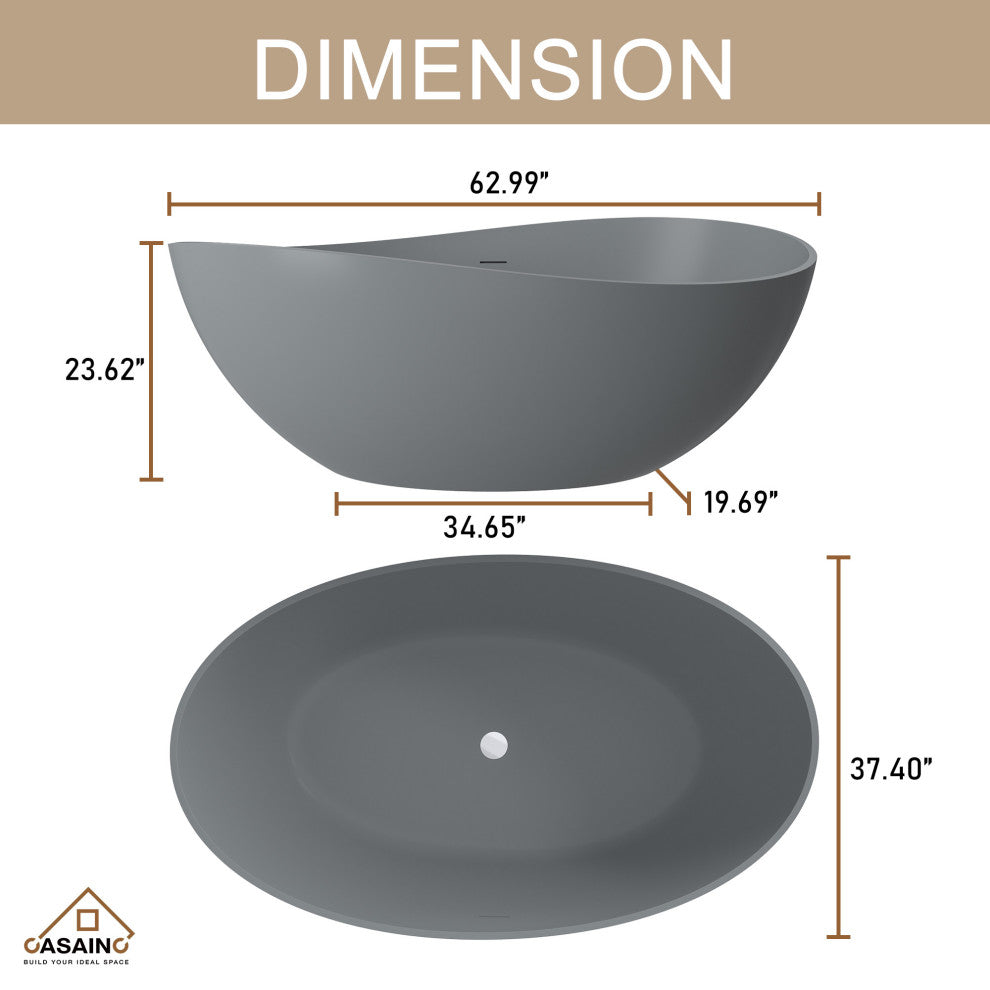 63in Solid Surface Freestanding Bathtub in Matte White, Matte Grey
