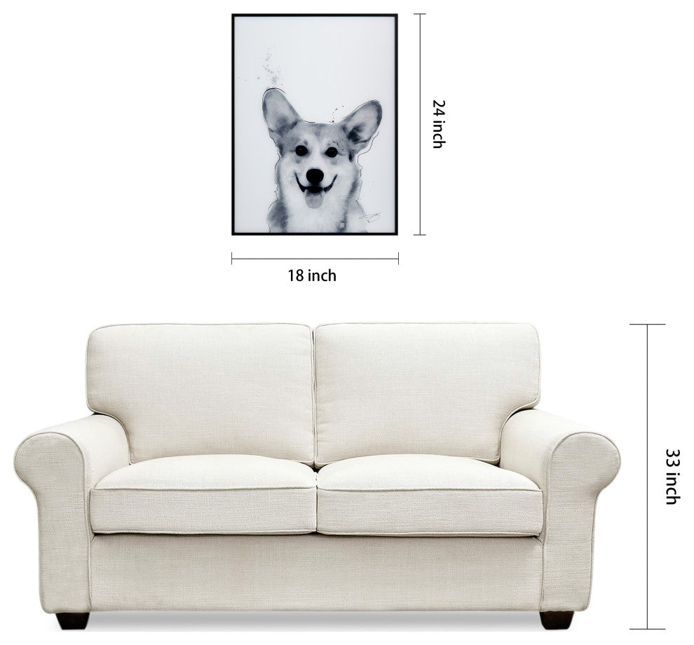 "Corgi" Black and White Pet Art on Printed Glass with Gunmetal Anodized Frame