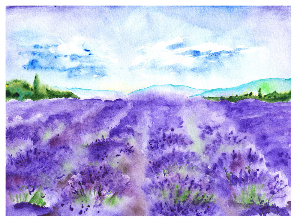 Lavender Fields Watercolor, Landscape Canvas Art Print, 40"x30"