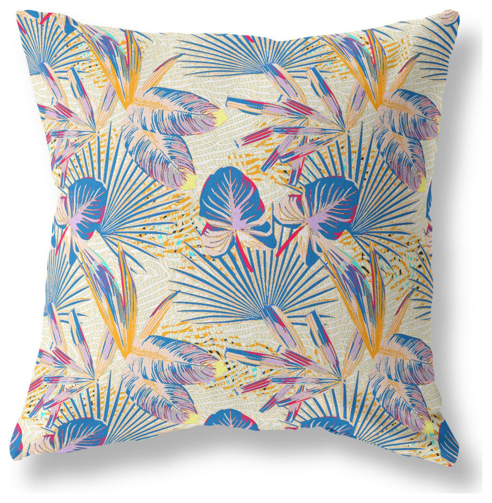 26" Blue Cream Tropical Indoor Outdoor Throw Pillow