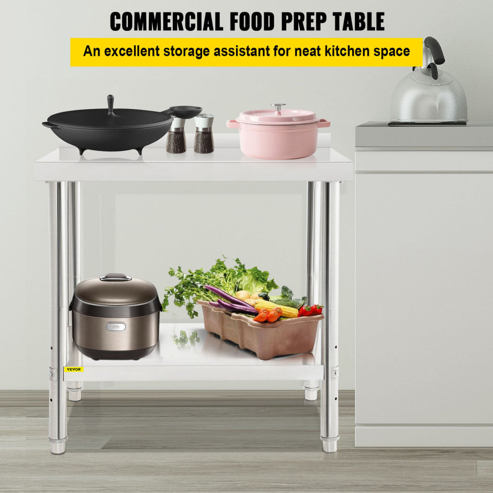 Stainless Steel Prep Table Heavy Duty Metal Worktable w/ Backsplash Undershelf, 36x24x35 Inch