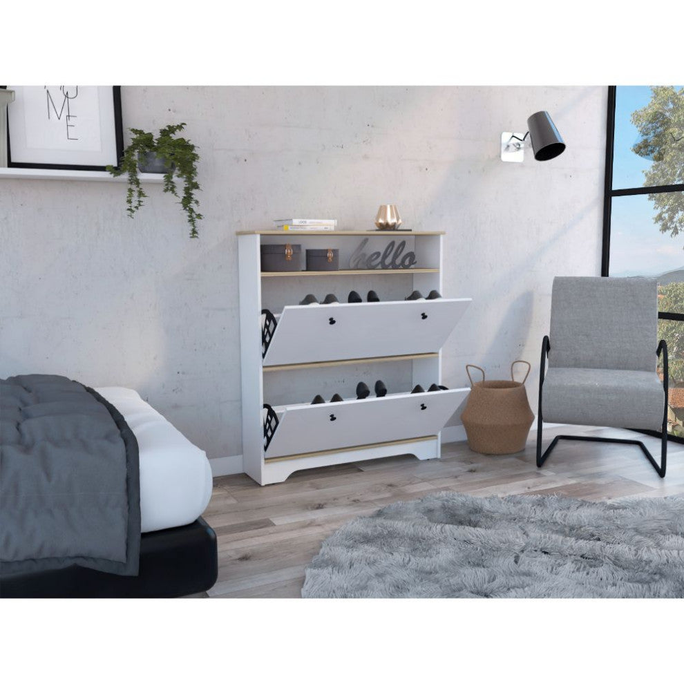 DEPOT E-SHOP Wayne Shoe Rack with Open Shelf, Light Oak/White