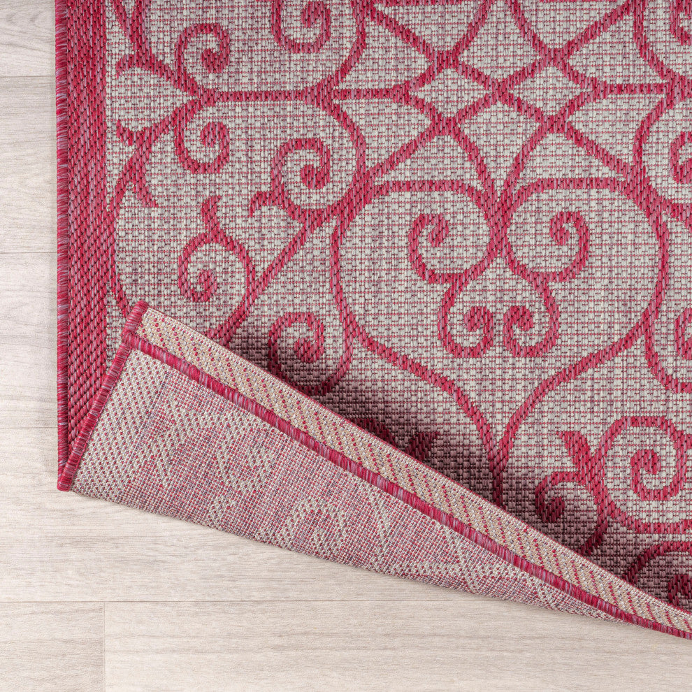 Madrid Vintage Filigree Textured Weave Indoor/Outdoor, Light Gray/Fuchsia, 2x10