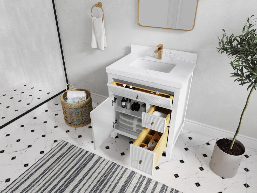 Sonoma 30 Single Sink Reeded Bath Vanity in White 2" Carrara Marble