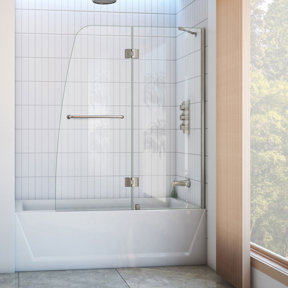 DreamLine Aqua 48" Frameless Hinged Tub Door, Clear Glass, Brushed Nickel