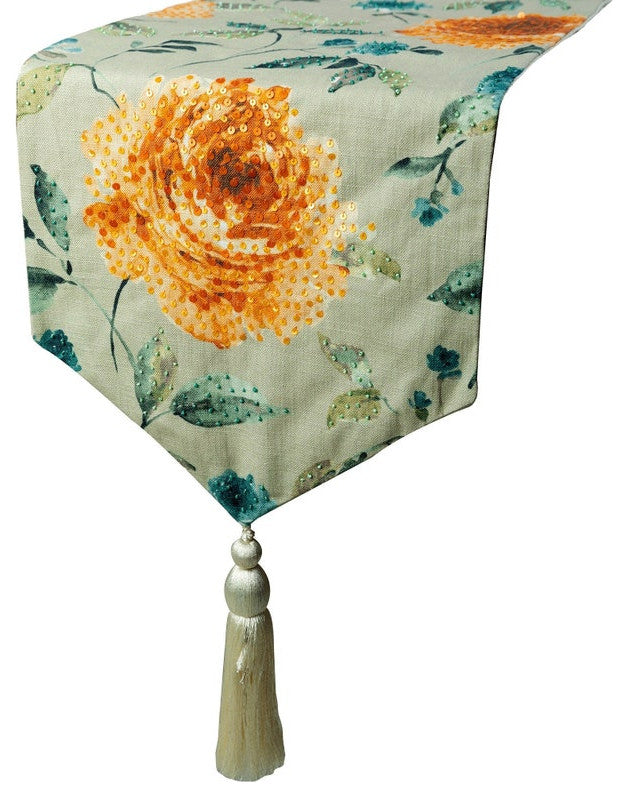 Decorative Table Runner Orange Cotton, Sequins, Roses Tassels - Orange Rosiness