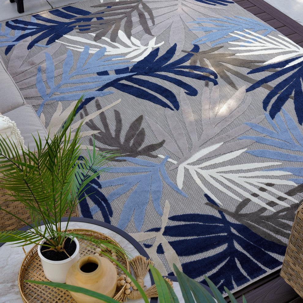Oaks Modern Floral Area Rug, Blue & Gray, 5'3" X 7'3"