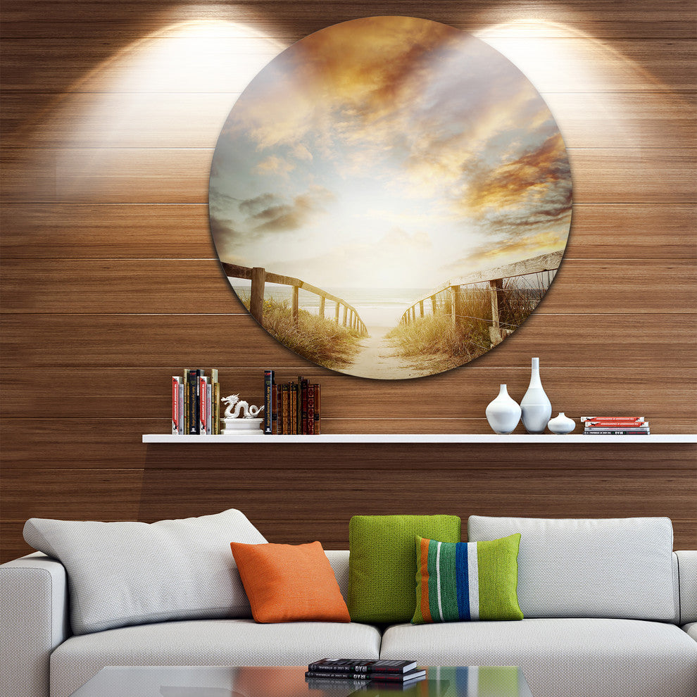 Walkway Leading To Beach Scene, Sea Bridge Disc Metal Artwork, 36"