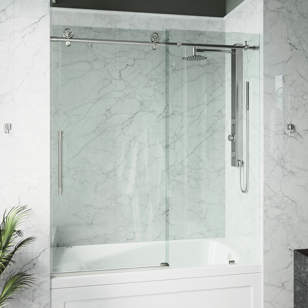 VIGO Elan Cass Aerodynamic 56" to 60" W x 66" H Frameless Sliding Tub Door, Stainless Steel, Clear Glass