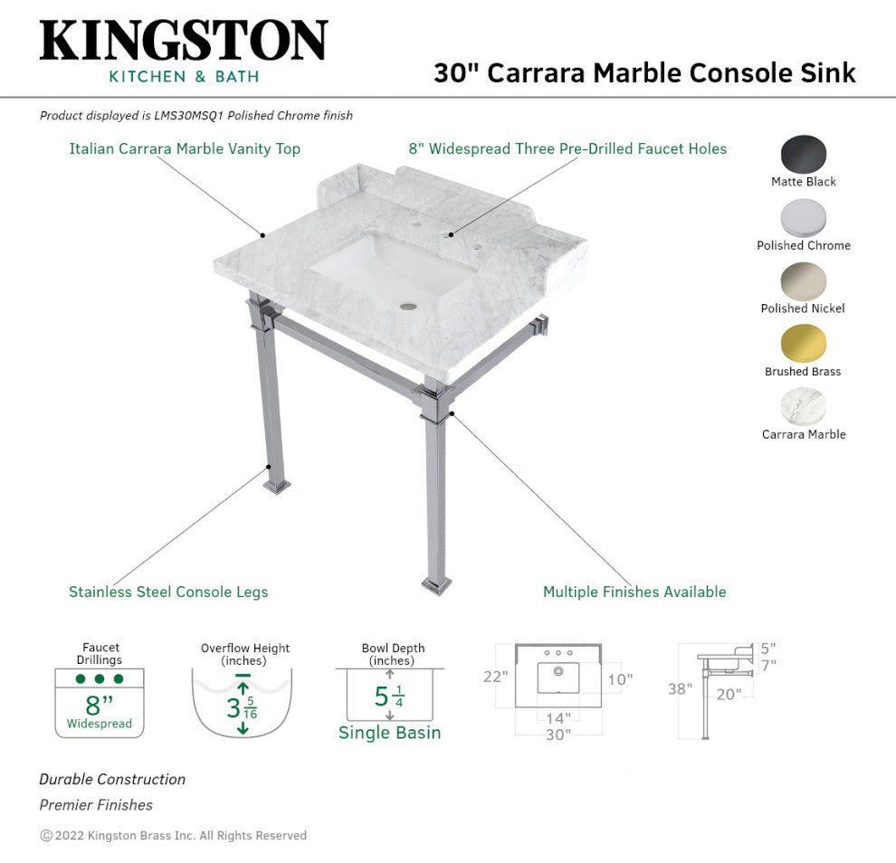 Kingston Brass LMS30MSQ0 30" Carrara Marble Console Sink, Legs
