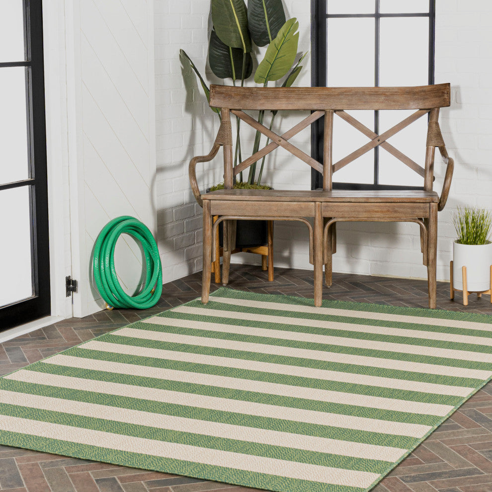Negril Two-Tone Wide Stripe Indoor/Outdoor Area Rug, Green/Cream, 8x10