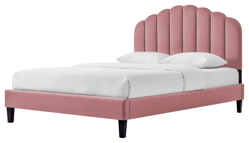 Platform Bed Frame, Queen Size, Pink, Velvet, Modern, Bedroom Guest Suite