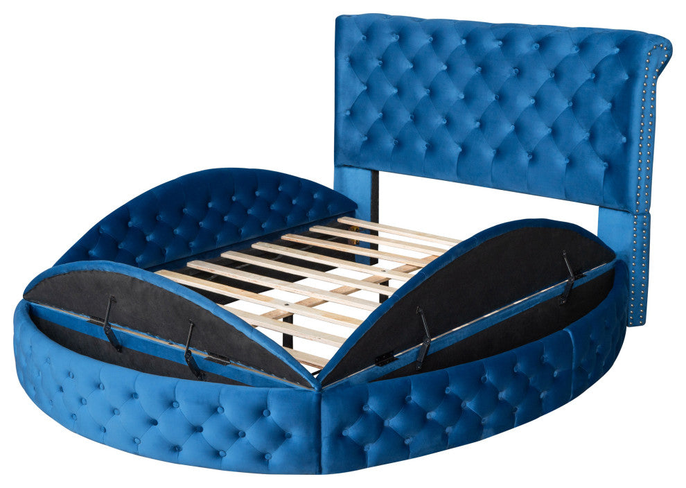 Full/Queen Upholstered Frame Platform Bed with Storage on Both Sides, Blue, Full