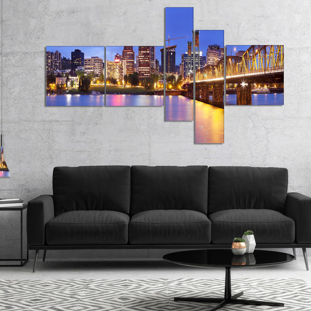 Skyline across the Willamette River, Cityscape Canvas Print, 60"x32", 5 panels