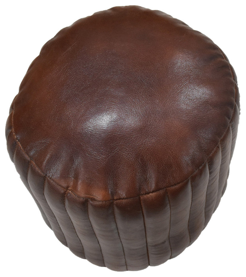 Poufs-Solid Handmade Goat Leather Pouf, Recycled Cotton Fill, Brown, Round [16x16x16]