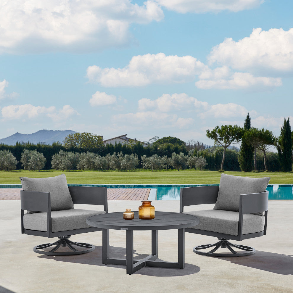 Argiope 3-Piece Patio Swivel Seating Set, Gray Aluminum With Gray Cushions