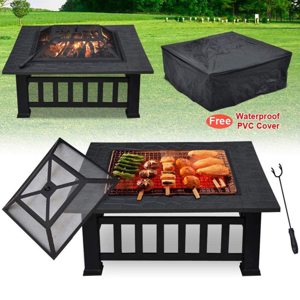 32" Gray Square Charcoal or Wood Burning Fire Pit With Cover