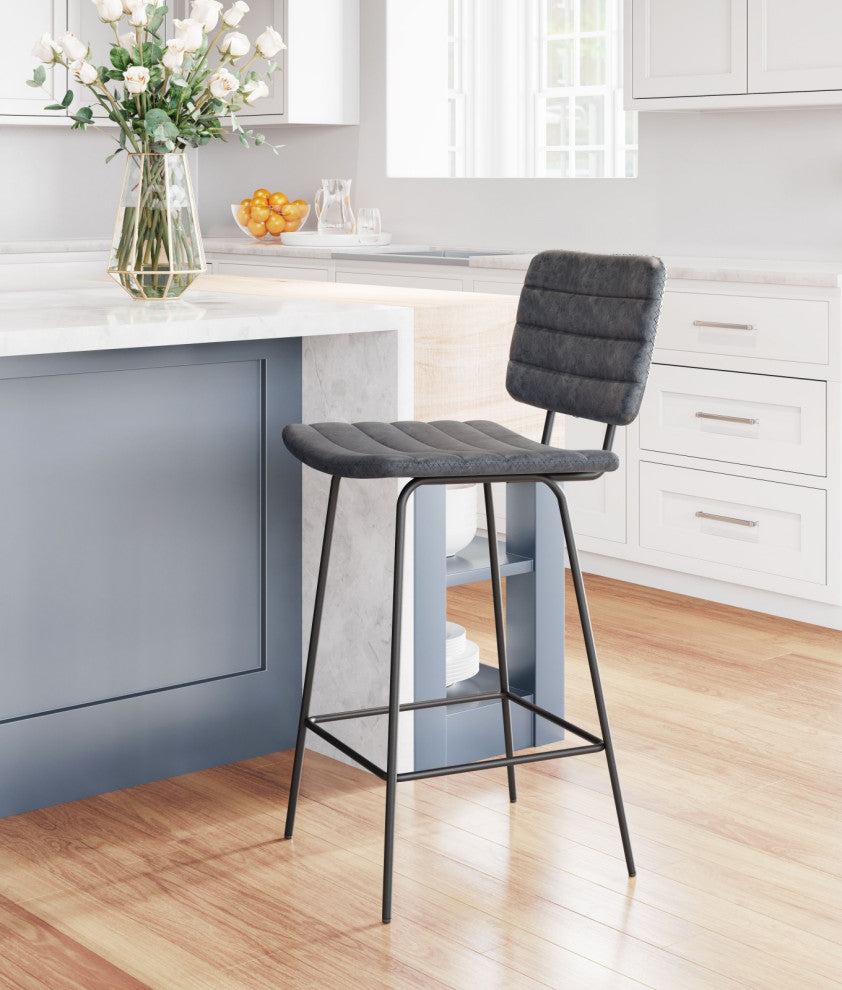 Counter Stool Chair, Set of 2, Faux Vinyl Leather, Steel, Vintage Black, Cafe