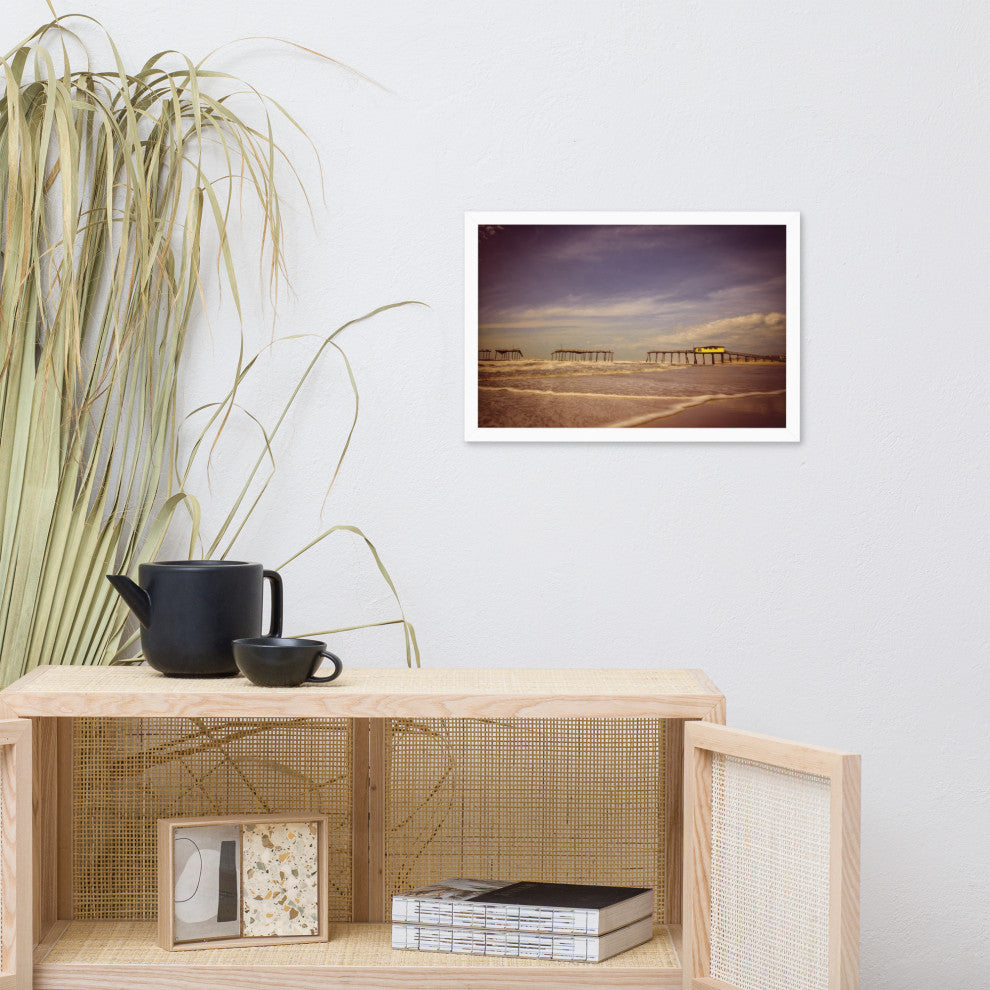 Aged View of Frisco Pier Coastal Framed Photo Paper Print, White, 12" X 18"