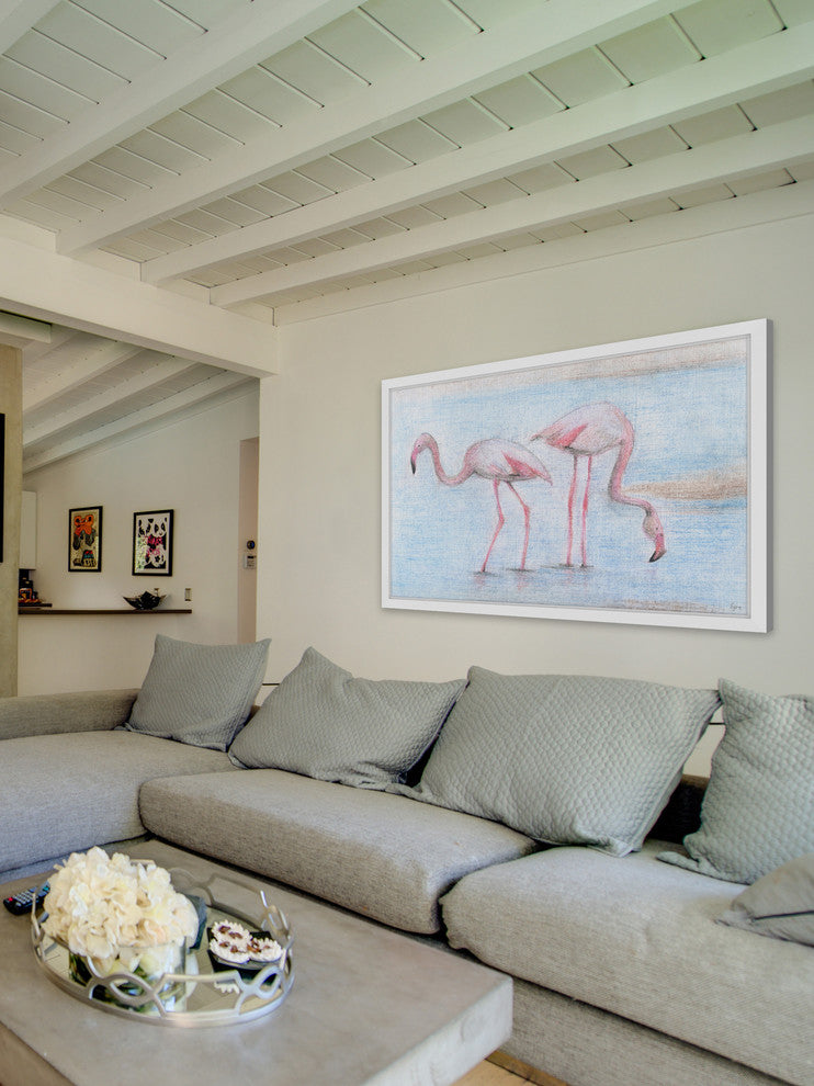 "Fishing Flamingos" Framed Painting Print, 36"x24"