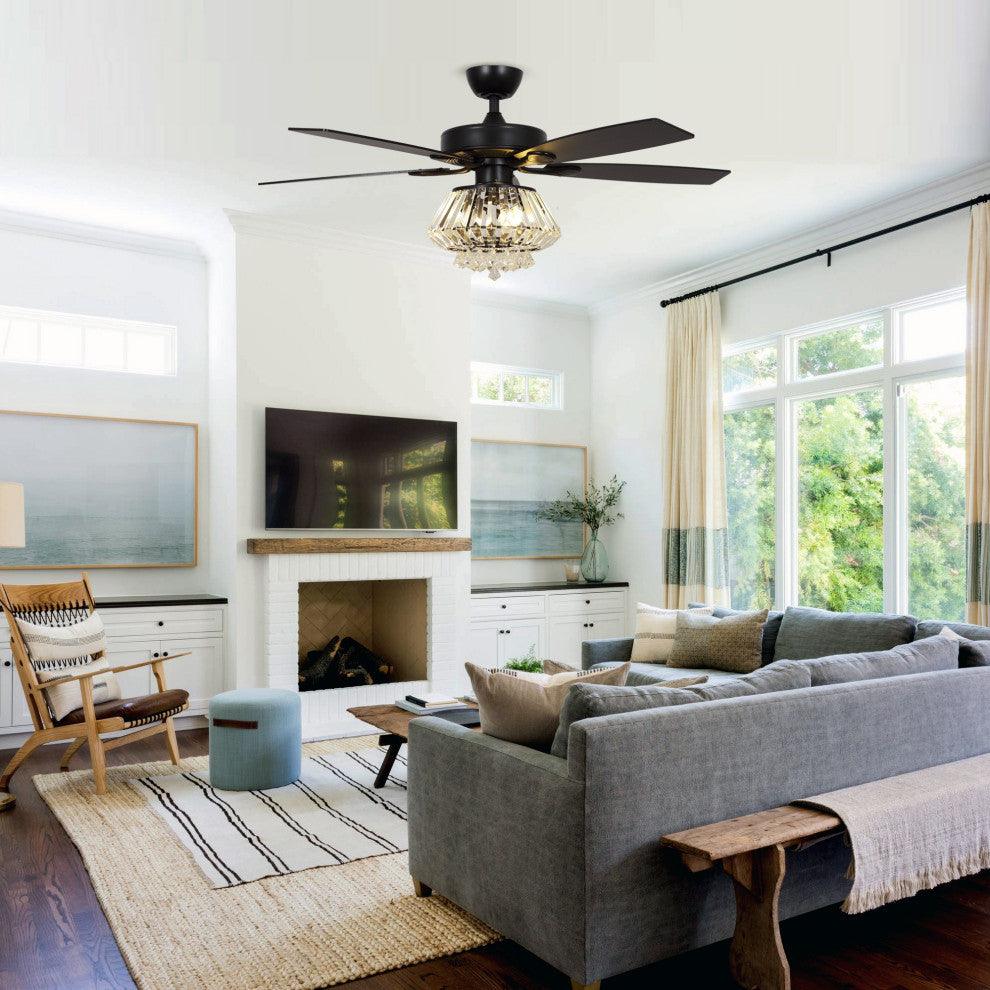 Modern Crystal Ceiling Fan With Lights and Remote Control, 5 Blades, Matte Black