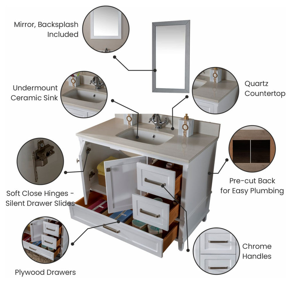 Nera Collection 42" Bathroom Vanity With Sink, Mirror, Countertop, White